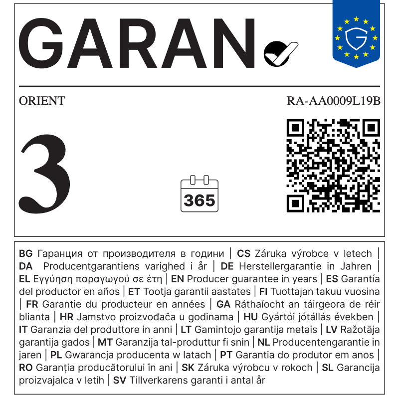 EU GARAN label - ORIENT RA-AA0009L19B - 3 year producer guarantee of durability