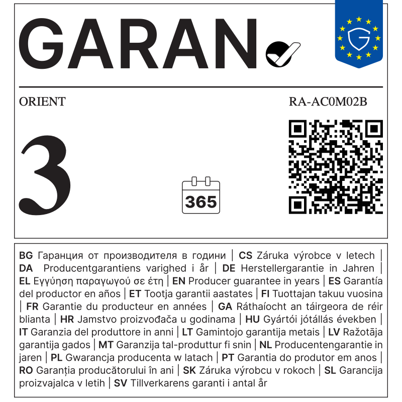 EU GARAN label - ORIENT RA-AC0M02B - 3 year producer guarantee of durability